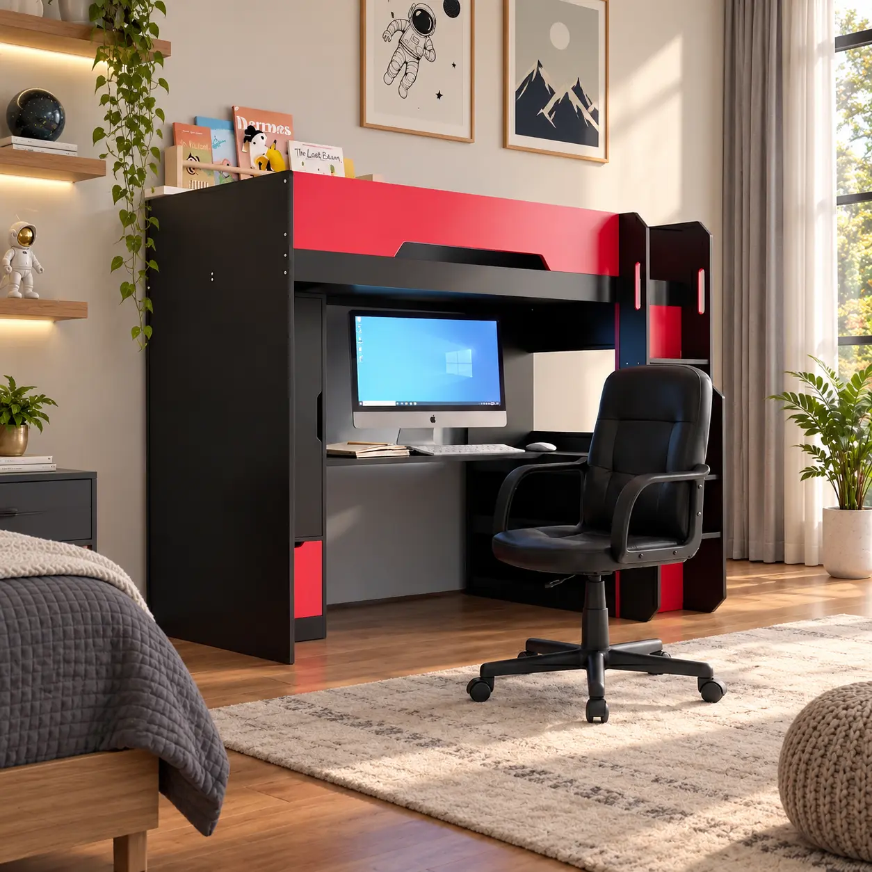 Gaming High Sleeper bed Black & Red with Optional Office Chair - Image 1