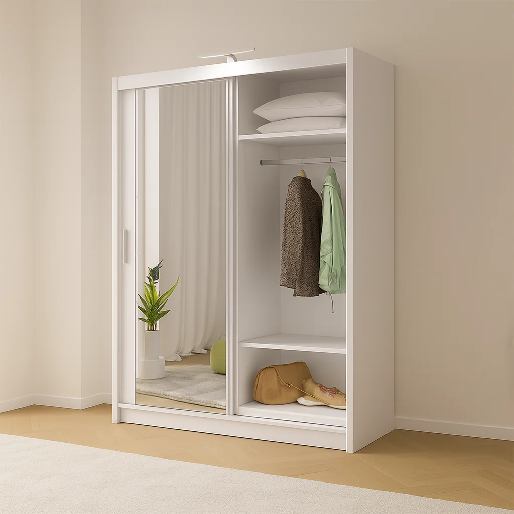 150 cm Berline Mirror Sliding Wardrobe - White - Open View Berlin Mirror Sliding Wardrobe - Image 1