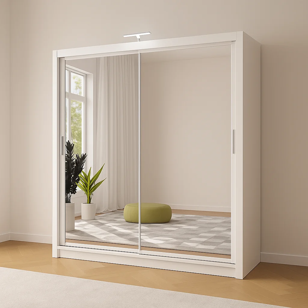 180 cm Berline Mirror Sliding Wardrobe - White - Closed View Sliding Mirror Wardrobe Berlin 180cm Wide - Image 1