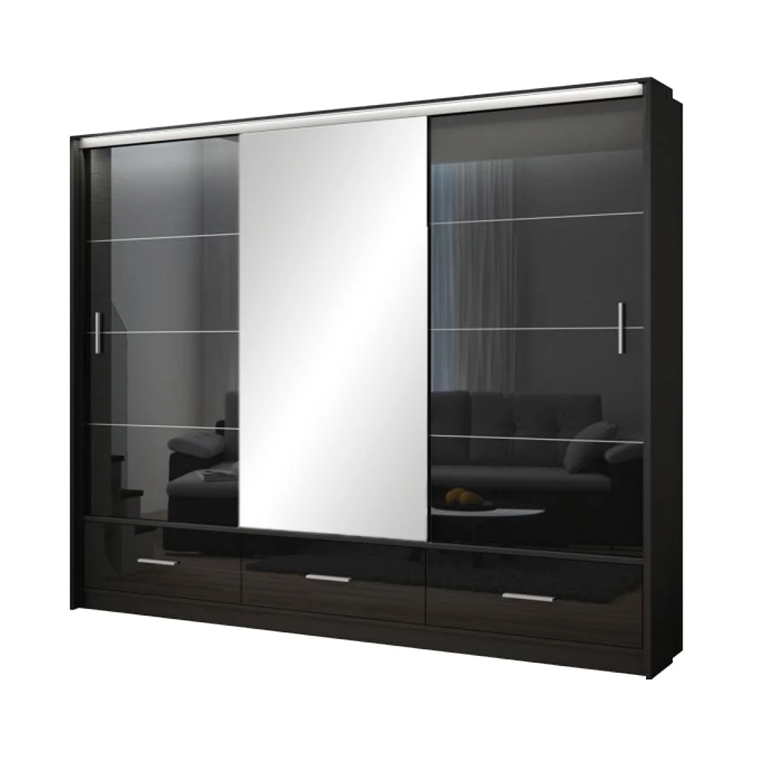 Black Gloss Wardrobe with 3 Mirror Sliding Doors- Marsylia 255cm Black Gloss Wardrobe with 3 Mirror Sliding Doors- Marsylia 255cm