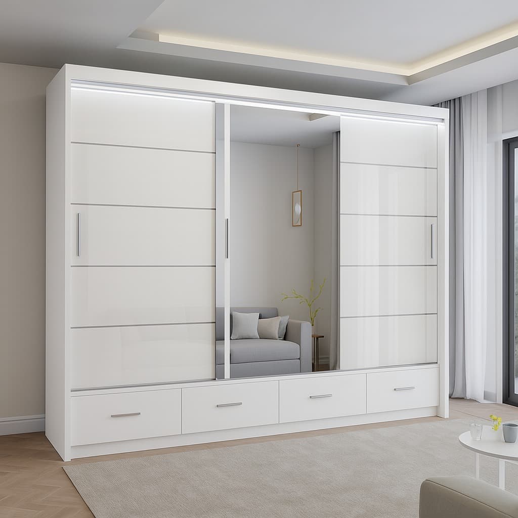 High Gloss Wardrobe White With Mirror Sliding Doors - Marsylia 255cm - Image 1