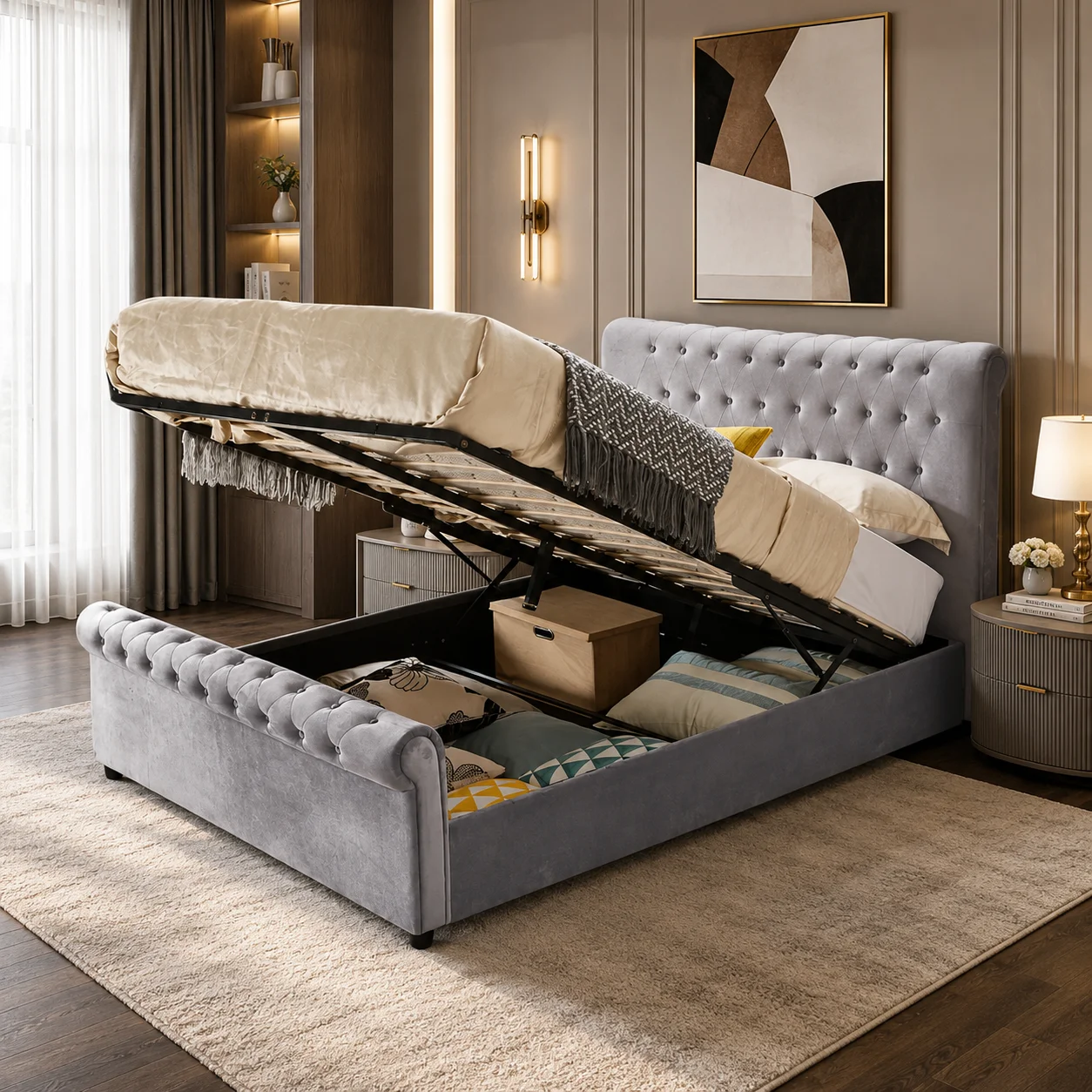 Plush Velvet Sleigh Ottoman Storage Bed - Image 1