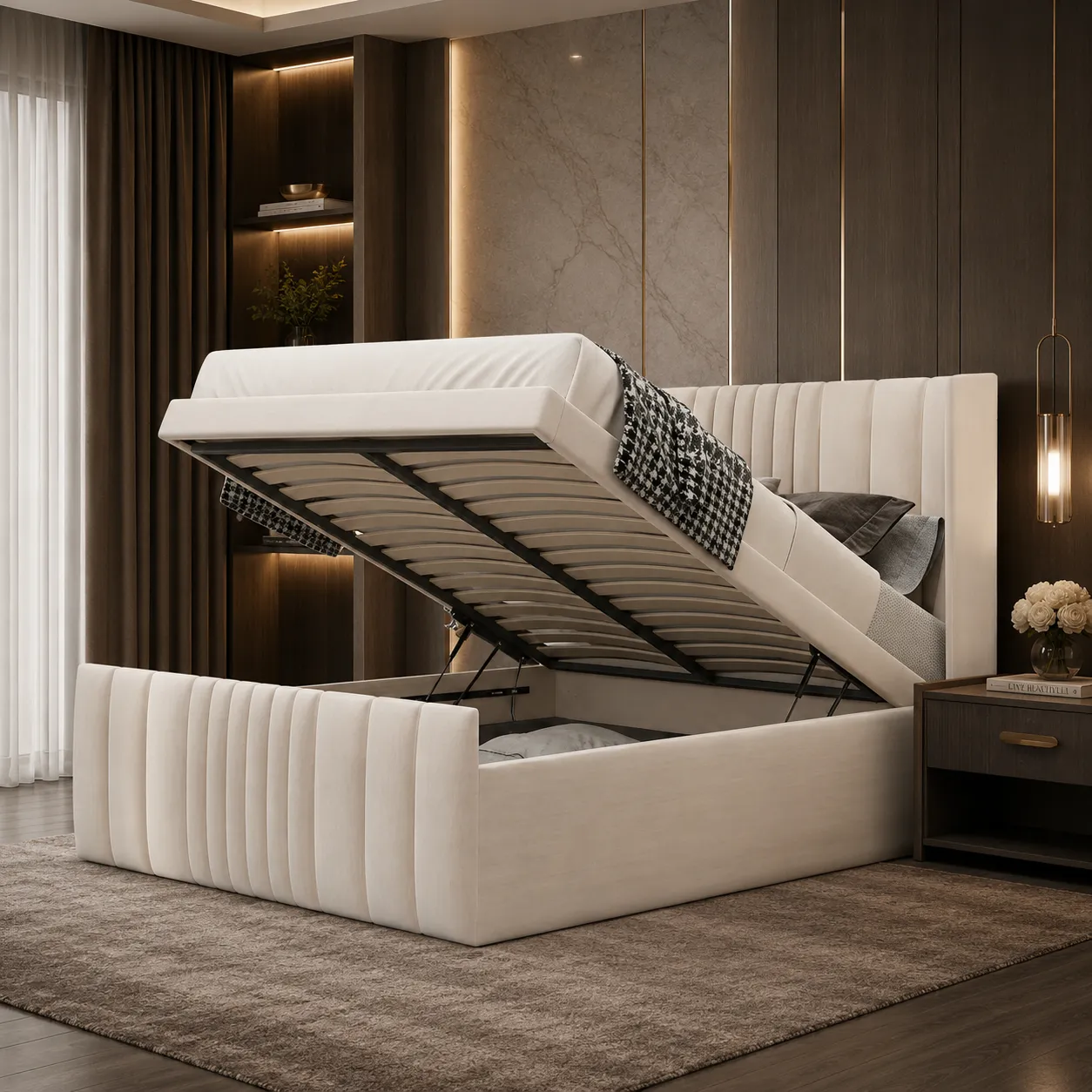 Modern Panel Bed Frame with Ottoman Storage - Image 1