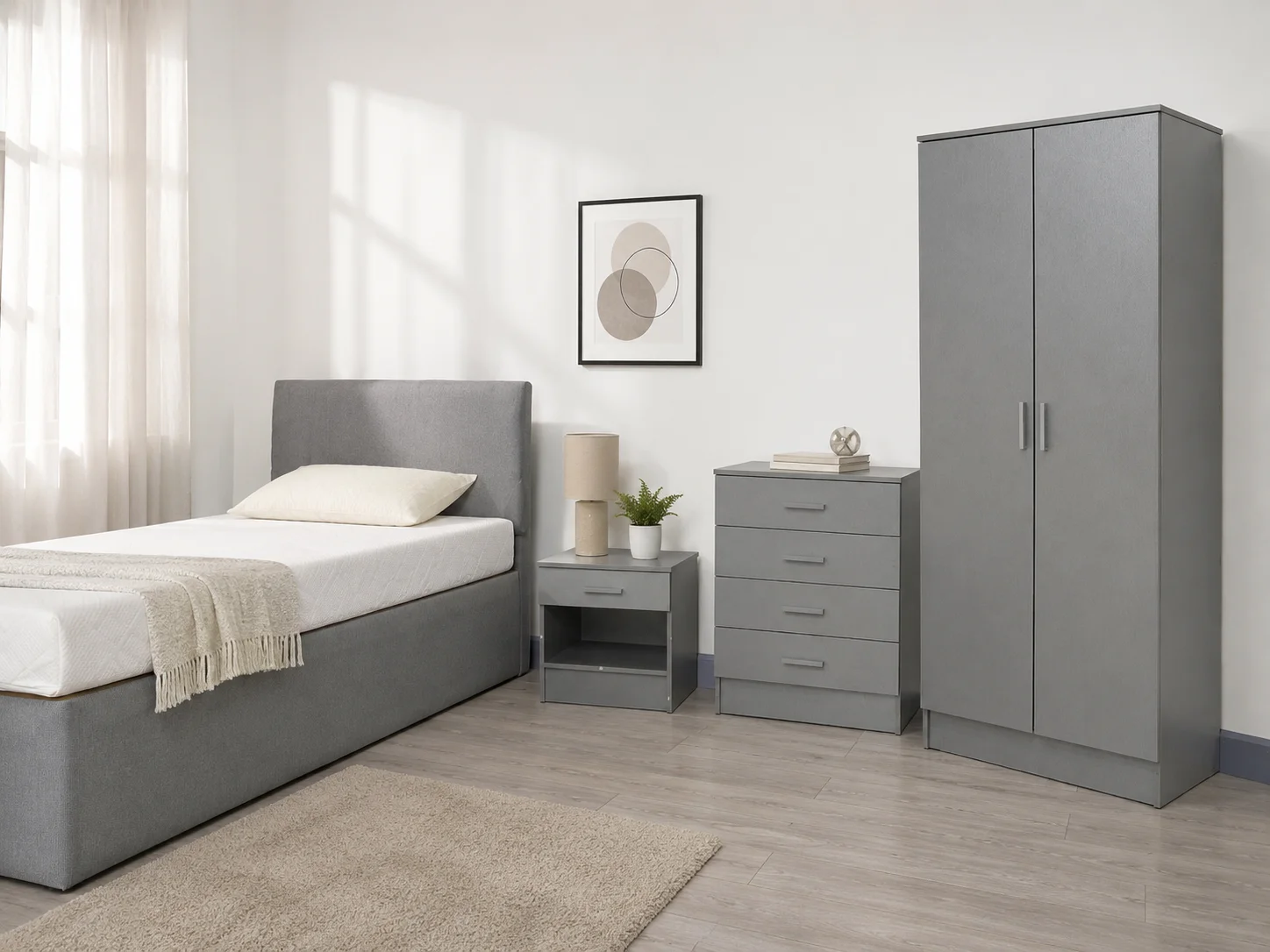 Grey Bedroom Set – Divan Bed, Bedside Table, Chest of Drawers & Wardrobe - Image 1