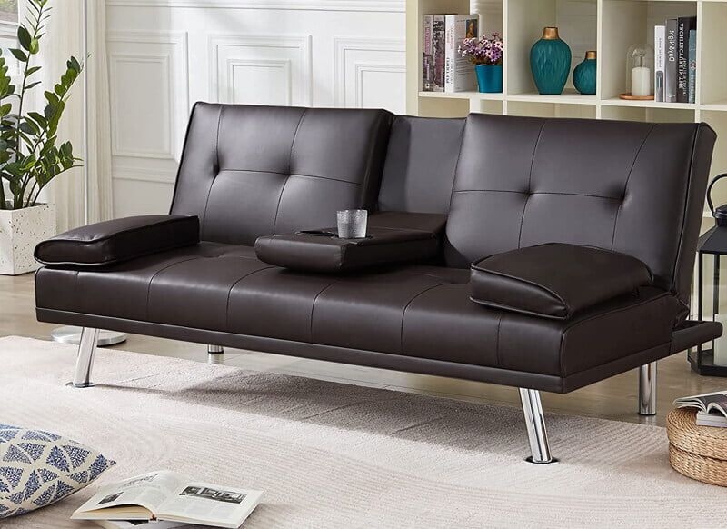 2-Seater Leather Cup Holder Sofa Bed Brown