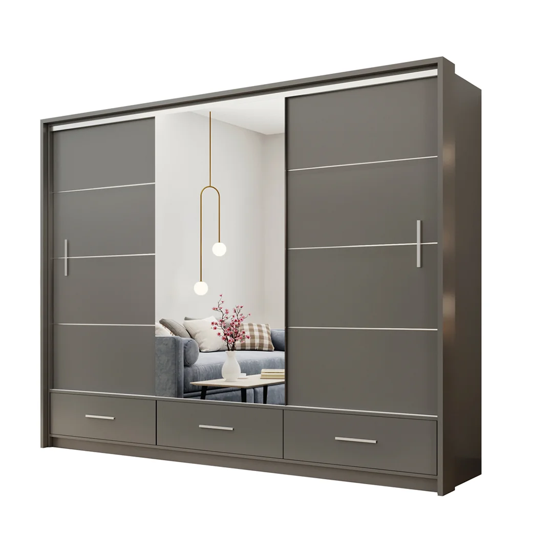 Grey high gloss Wardrobe 3 Door Mirror Sliding wardrobe